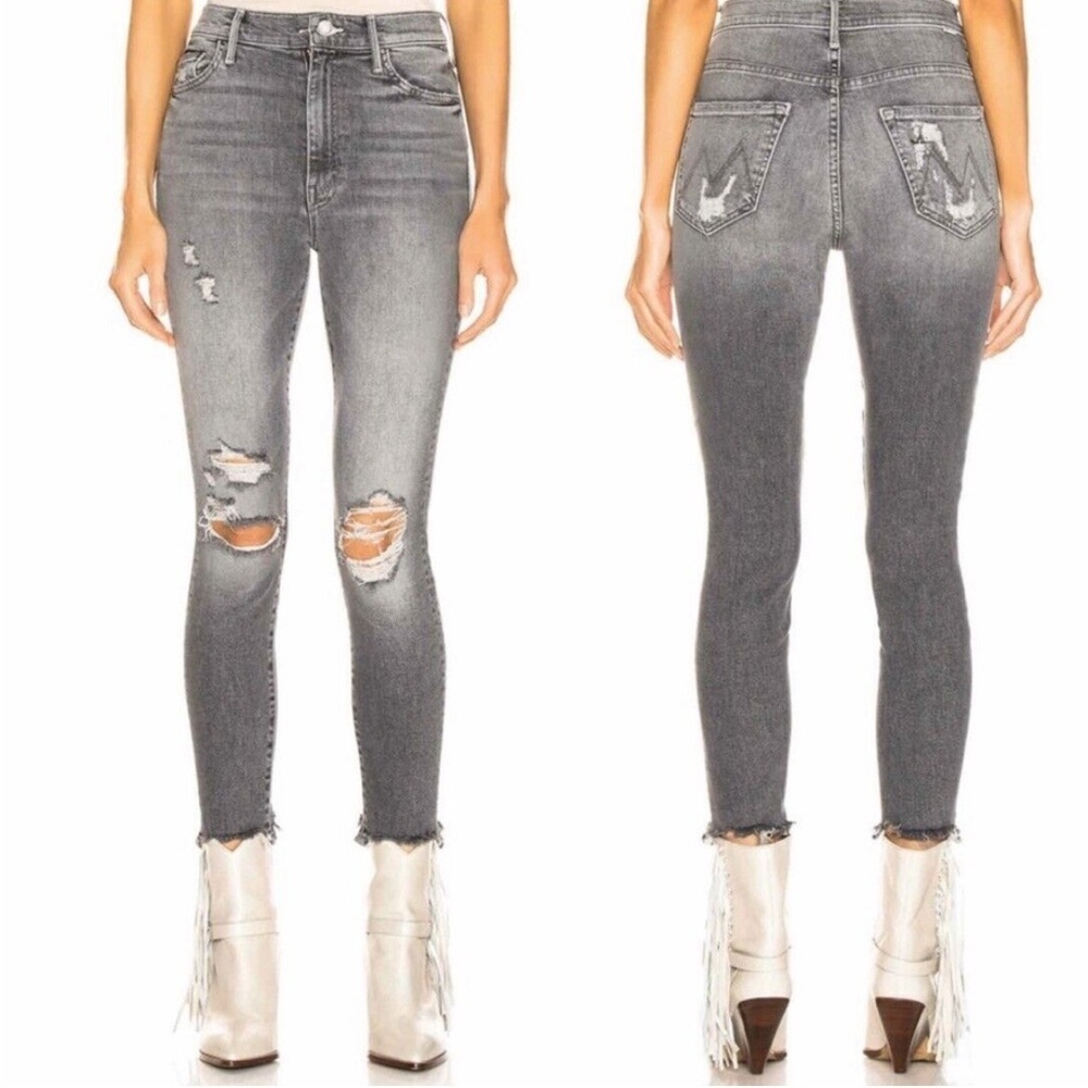 MOTHER Gray Distressed Ankle Crop Jeans
